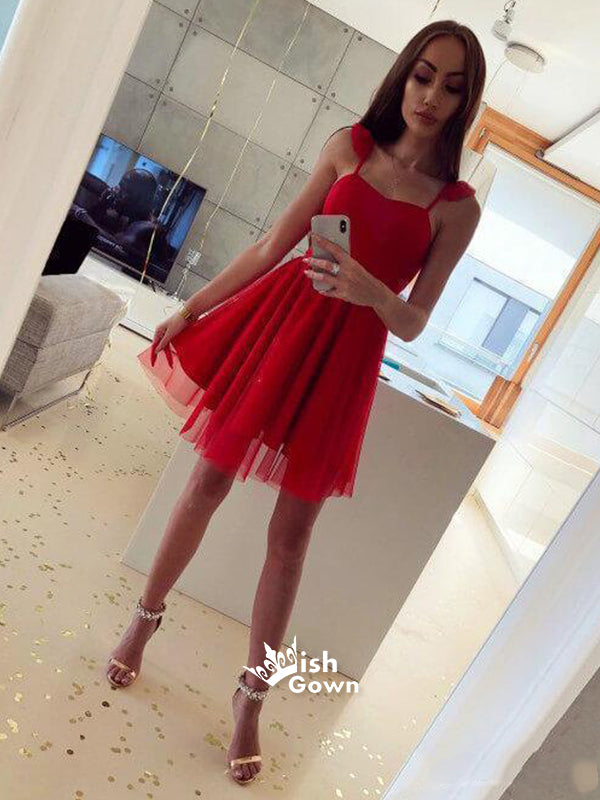 Red Simple Spaghetti Strap Mini Casual Homecoming Prom Dresses, BD00170