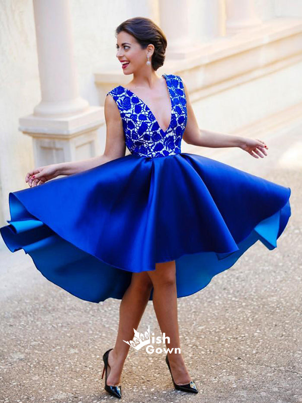 Royal Blue Lace Top V-back Satin A-line Knee-length Homecoming Prom Dresses, BD00197