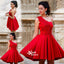 Red Satin Appliques One Shoulder Knee-length Graduation Homecoming Prom Cocktail Dress, BD0060