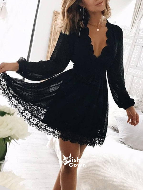 Long Sleeve Black A-line Lace V-neck Charming Short Homecoming Prom Dress, BD0072