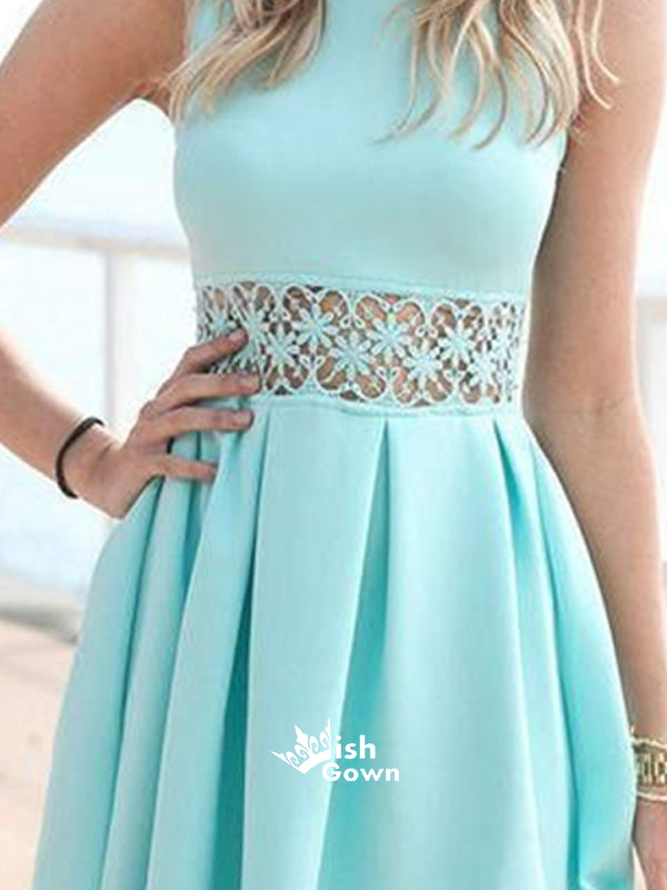 Modest Tiffany Blue Pleated Sleeveless Lace Middle Freshman Homecoming Prom Dress,BD0099