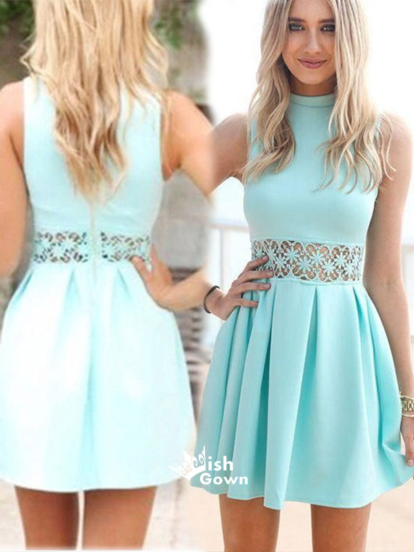 Modest Tiffany Blue Pleated Sleeveless Lace Middle Freshman Homecoming Prom Dress,BD0099