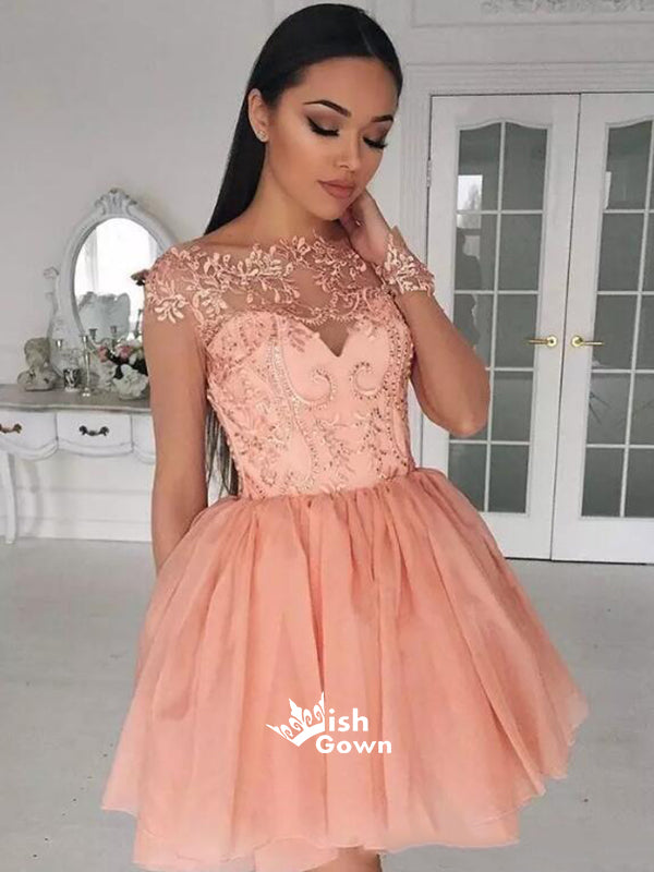 Pink Chiffon Ball Gown Lace See Through Short Cute Homecoming Prom Dresses, CM0031