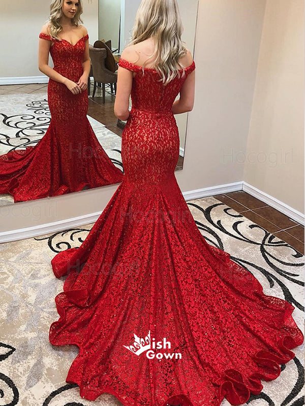 Lace Off the Shoulder Red Mermaid Long Prom Dresses, MD1117