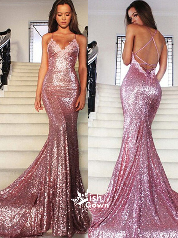 Sequin Sexy Sparkle Popular Mermaid Evening Backless Cheap Long Prom Dress, PD0131