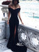 Simple Chic Black Mermaid Side Split Off Shoulder Sexy Evening Long Prom Dresses, PD0147