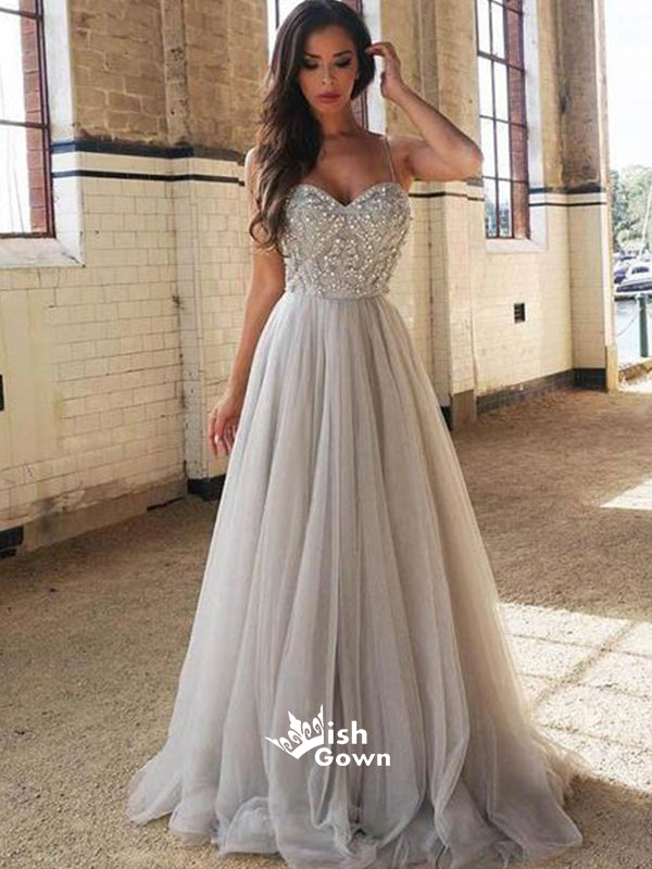 Sweetheart A-line Silver Beaded Sweep TrainTulle Spaghetti Strap Evening Prom Dress, PD0158