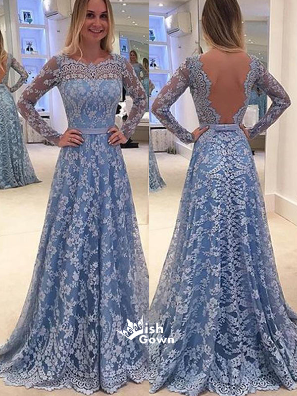 Lace Long Sleeves A-line Formal Cocktail Party Evening Long Prom Dresses Online, PD0182