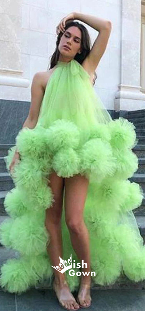 Halter Green Tulle High Low Long Prom Dresses PG1105