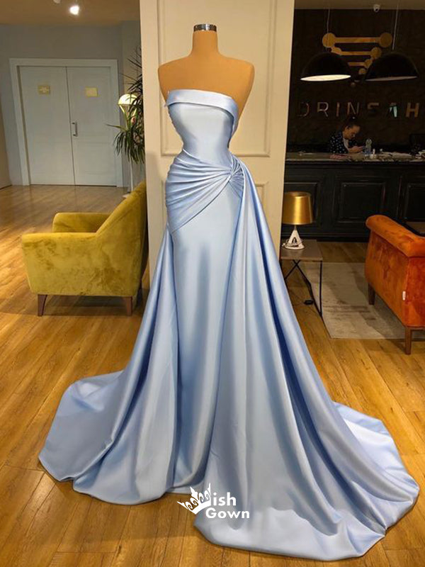 Chic Blue Pleats Soft Satin Strapless A-line Long Evening Gown Prom Dresses, PG1166