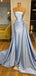 Chic Blue Pleats Soft Satin Strapless A-line Long Evening Gown Prom Dresses, PG1166