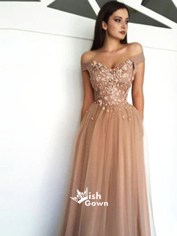 Charming Off the Shoulder Tulle Applique Long Prom Dresses, SG110