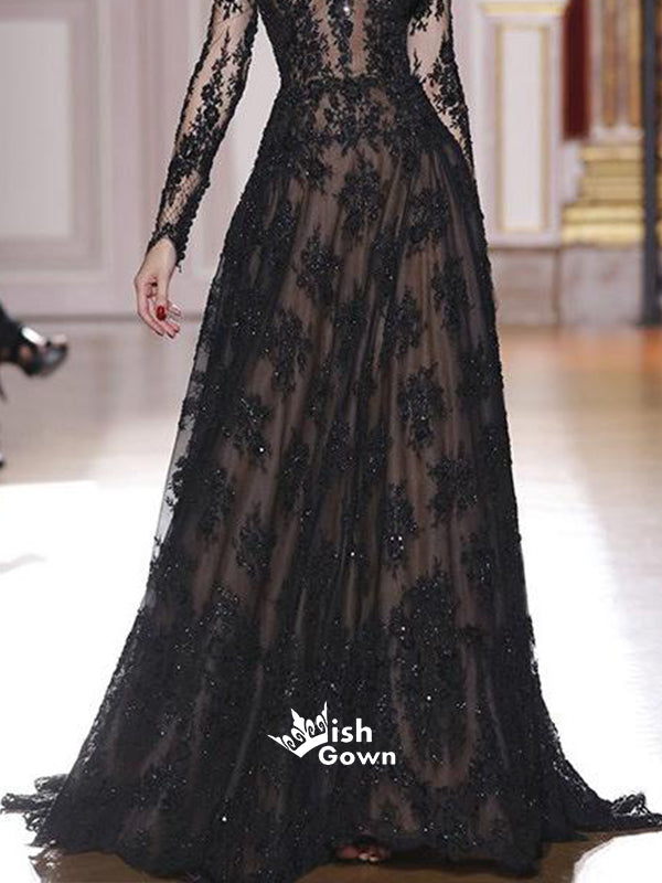 Romantic Long Sleeves Off the Shoulder Lace A Line Black Prom Dresses, SG144
