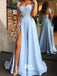 Cap Sleeve Sweetheart A Line Side Slit Blue Long Prom Dresses, SG154
