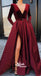 Burgundy V Neck Long Sleeves Side Slit Long Prom Dresses, SG157