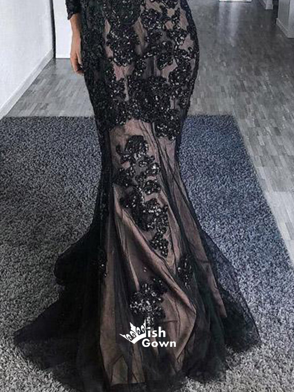 Black Mermaid Long Sleeves Tulle Applique Long Prom Dresses, SG161