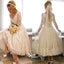 Vantage V-Neck Long Sleeve Tea Length White Lace Princess Wedding Party Dresses, WD0031