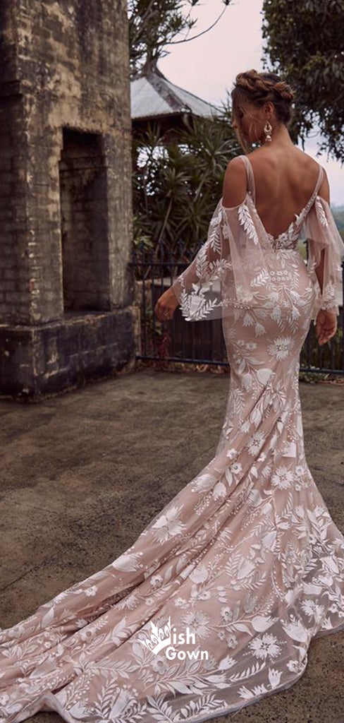 Charming Dusty Pink V-back Mermaid Applique Lace Long Wedding Dresses WDH010