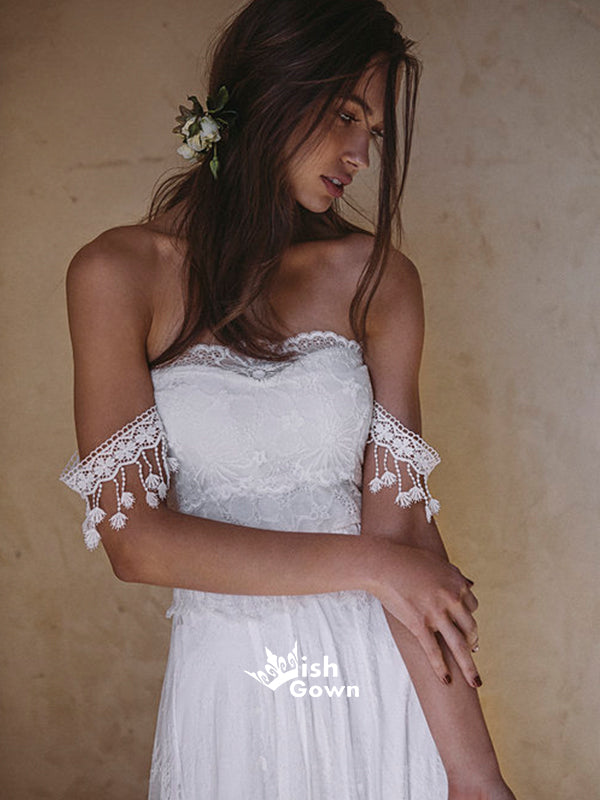 Pretty White Off Shoulder Applique Lace Long Bridal Wedding Dress With Trailing, WDH060