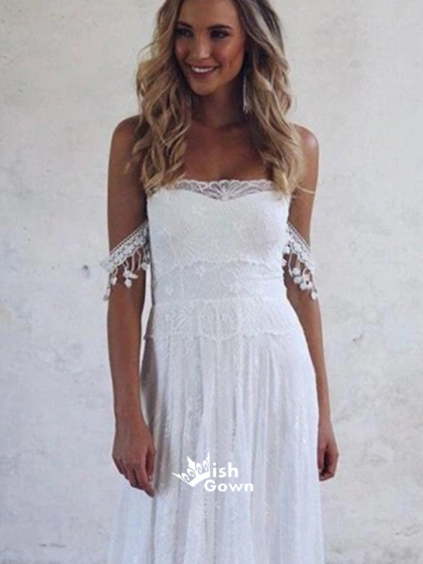 Pretty White Off Shoulder Applique Lace Long Bridal Wedding Dress With Trailing, WDH060