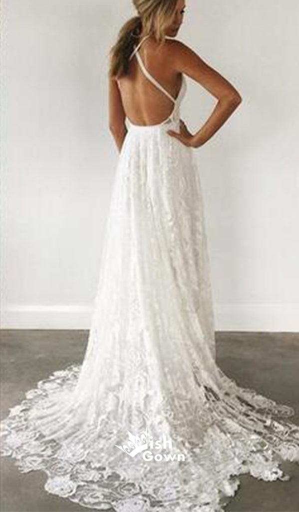 Elegant White V-neck Split Applique Long Wedding Dress WDH061