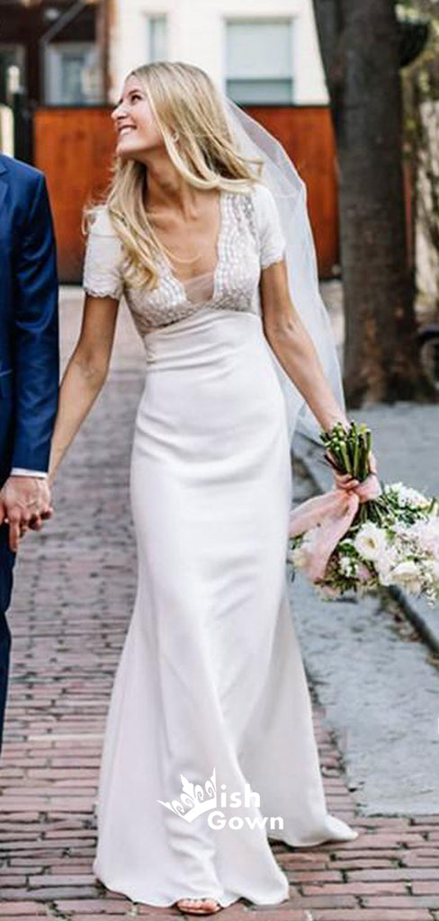 Elegant V-neck Short Sleeves Mermaid Wedding Dress WDH064