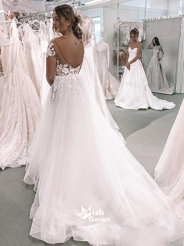 See Through Appliques V-neck Backless Tulle Wedding Dress WDH067