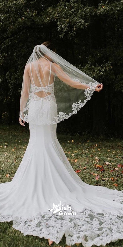 Charming White V-neck Mermaid Lace Long Wedding Dress, WDH071