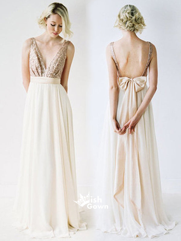 Top Sequin Bow-knot Prom Dress V-Neck Junior Pretty Long Bridesmaid Dresses, WG05