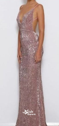 Sexy Open Back Mermaid Rose Gold Sequin Cheap Long Prom Dresses, WG1033