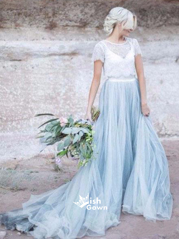 Light Blue Tulle Short Sleeves White Lace Charming Inexpensive Long Wedding Dress Prom Dresses, WG1106