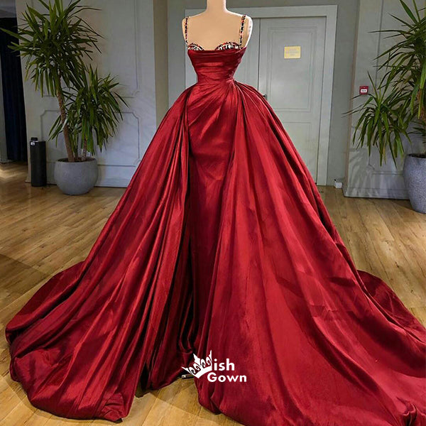 Red Spaghetti Straps Sweetheart Pleats Rhinestone Ball Gown Long Evening Prom Dress, WG267