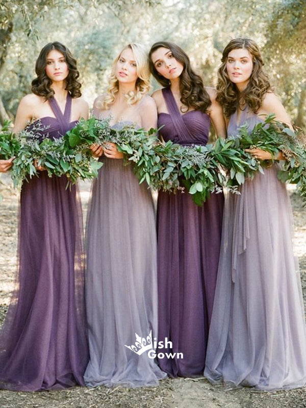 Purple Tulle Convertiable Mismatched Long Wedding Party Dresses Cheap Charming Bridesmaid Dresses, WG34