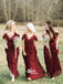 Burgundy Off Shoulder Spaghetti Strap Chiffon Lace V-neck Long Pretty Bridesmaid Dresses, WG389