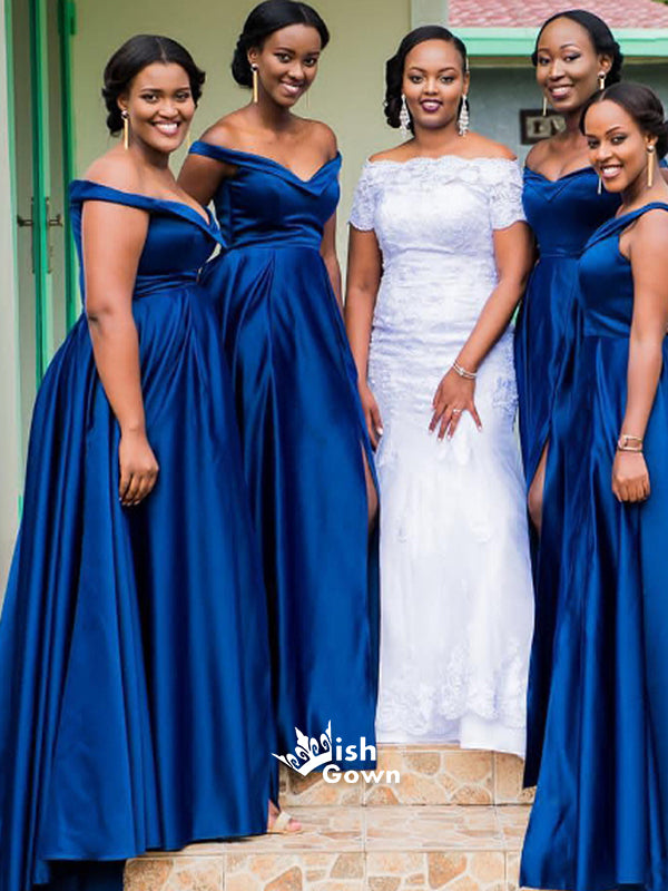 Elegant Royal Blue Off Shoulder Satin A-line Long Bridesmaid Wedding Party Dresses, WG413
