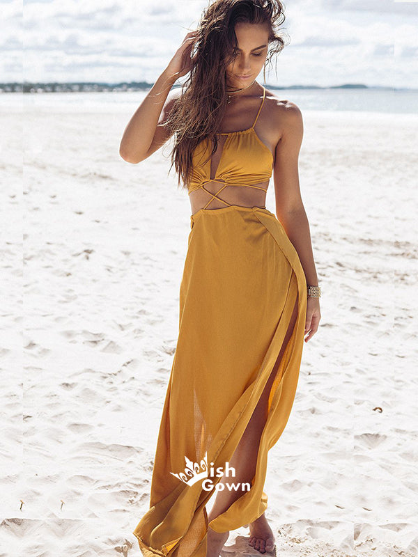 Summer Sexy Yellow Cheap Open Back Beach Casual Long Prom Dresses, WG593