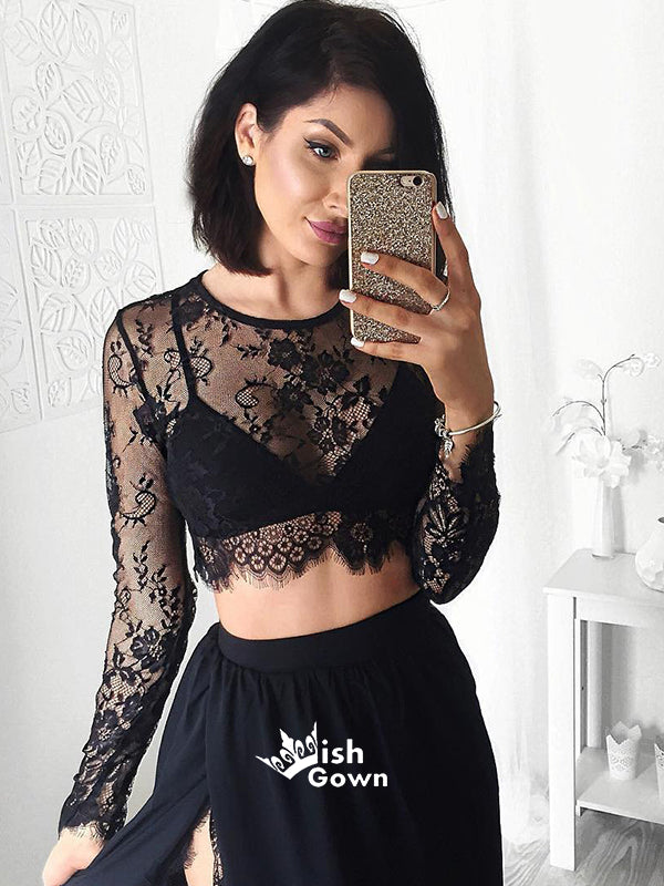 Black Lace Two Pieces Long Sleeve Sexy Side Slit Long Prom Dress, WG725