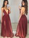Popular Burgundy Chiffon Deep V Neck Sexy Slit Open Back Long Beach Prom Dress, WG733