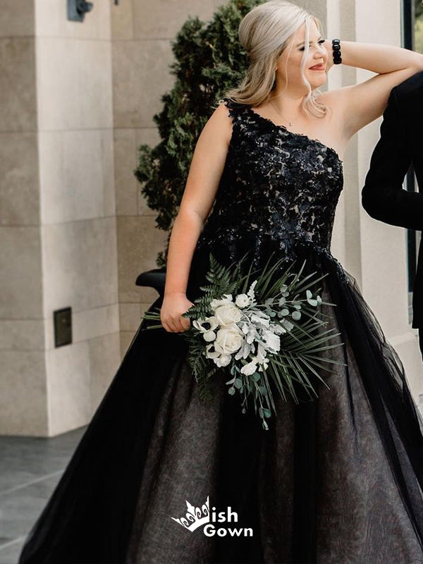 Black Princess Ball Gown Appliques One Shoulder Tulle Bridal Dresses, WGB001