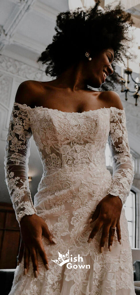 Ivory Lace Off Shoulder Long Sleeves Appliques Mermaid Bridal Gown Wedding Dress, WGB008