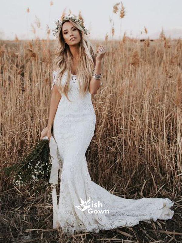 Ivory Mermaid Lace Off Shoulder Beach Wedding Dress, WGB018
