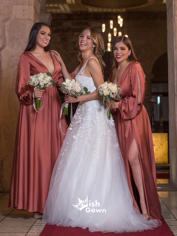Dusty Rose Long Sleeves Split Side V-neck Cheap Long Bridesmaid Dresses, WGM010