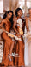 Different Styles Mermaid Sexy High Slit Burnt Brown Satin Long Bridesmaid Dresses, WGM012