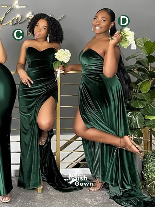 Dark Green Mismatched Sweetheart Satin Velvet Mermaid Bridesmaid Dresses, WGM046