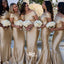 Champagne Gold Mermaid Off Shoulder Soft Satin Floor Length Bridesmaid Dresses, WGM058