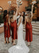 Soft Satin Burgundy Sheath Spaghetti Strap Tea-length Wedding Bridesmaid Dresses, WGM062