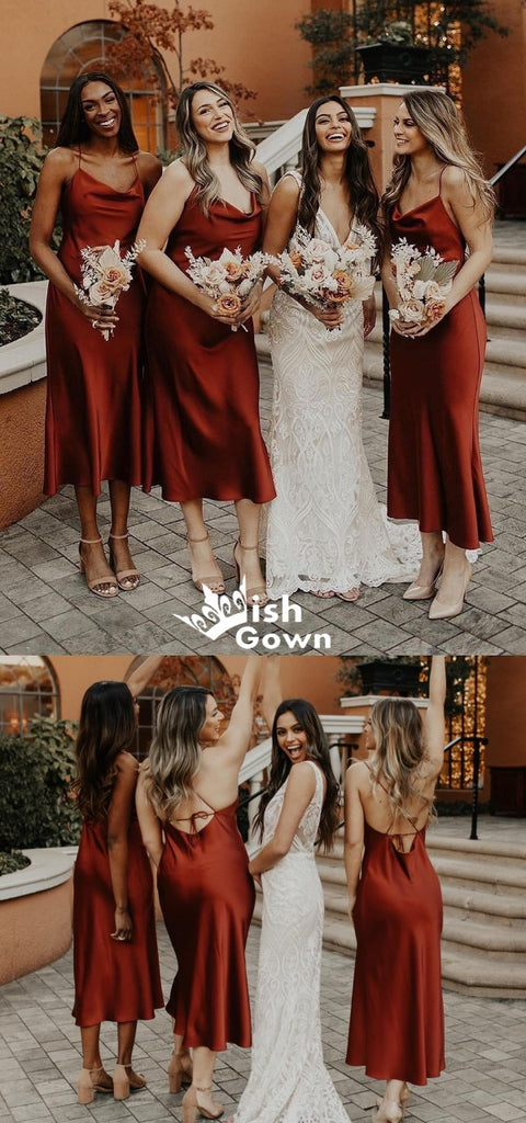 Soft Satin Burgundy Sheath Spaghetti Strap Tea-length Wedding Bridesmaid Dresses, WGM062