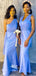 Mismatched Sky Blue Tulle Watteau Train Satin Mermaid Bridesmaid Dresses, WGM068