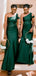 Dark Green One Shoulder Appliques Mermaid Satin Bridesmaid Dresses, WGM071