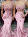 Pink Lace Appliques See Through Soft Satin Sexy Mermaid Long Bridesmaid Dresses, WGM105